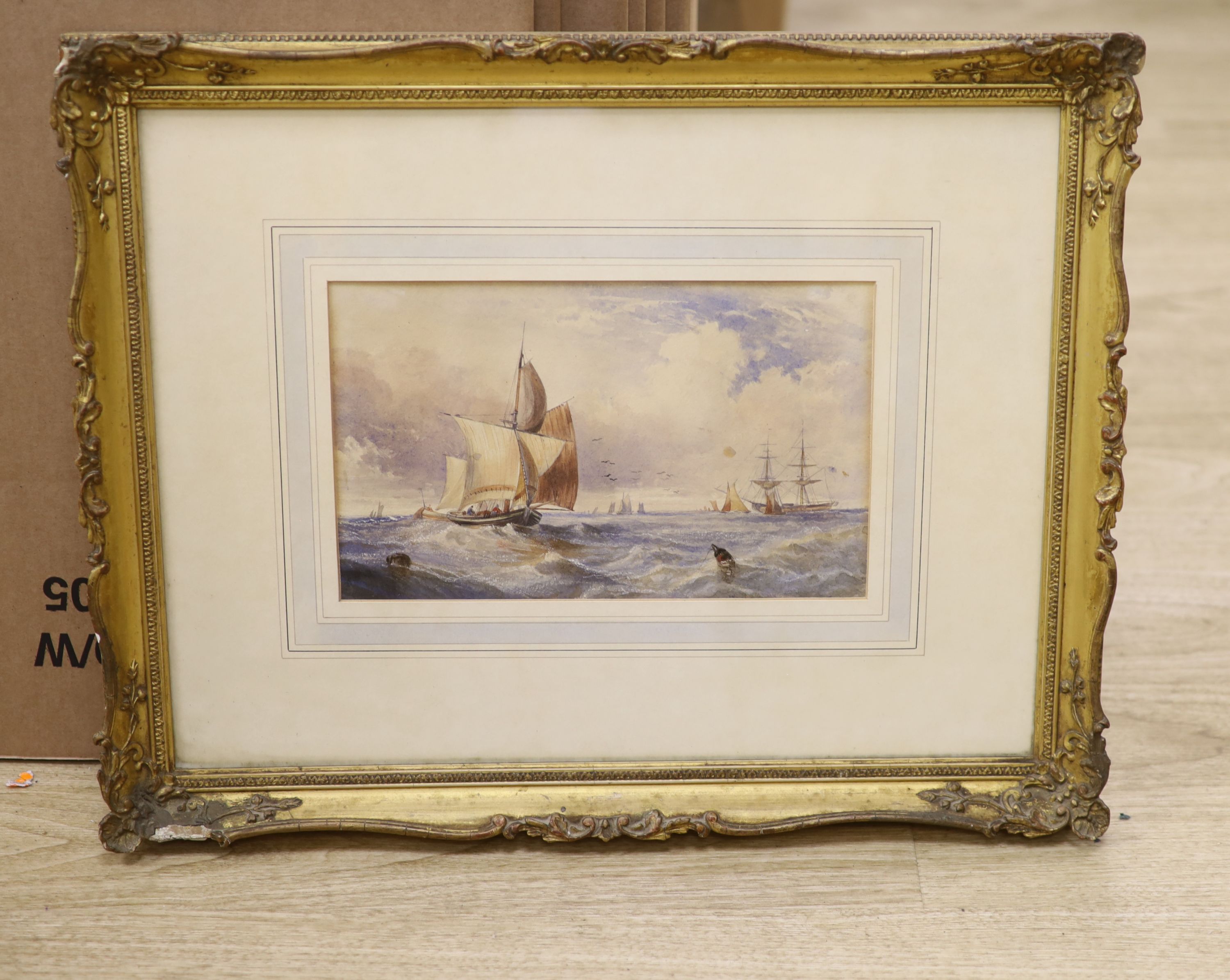 19th century English School, watercolour, Shipping off the coast, 15 x 26cm